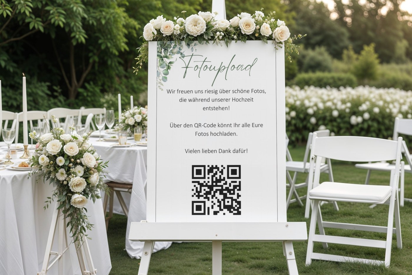 G&auml;ste-Fotoupload Schild mit QR-Code auf Staffelei, floral dekoriert f&uuml;r die Hochzeitsfeier, Hochzeitsfotografie Kathrin Skorpel