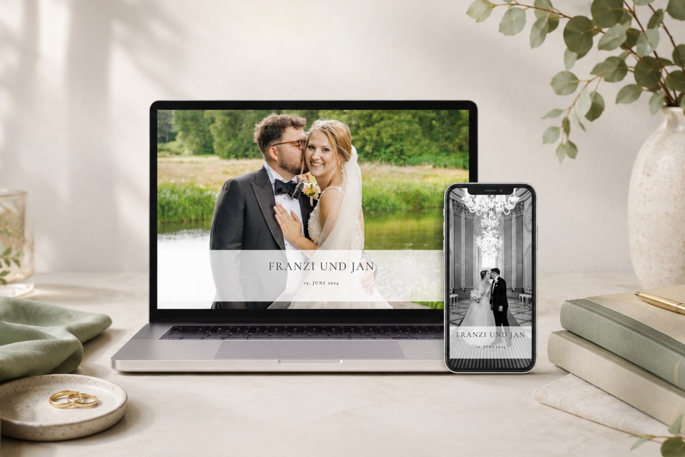 Online-Galerie auf Laptop und Smartphone mit Hochzeitsfotos von Franzi und Jan, elegante moderne Präsentation der Bilder, Hochzeitsfotografie Kathrin Skorpel